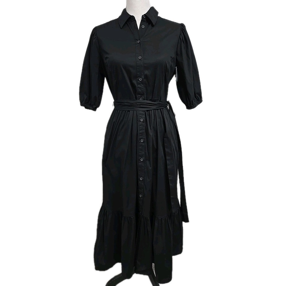 Caslon Puff Sleeves Stretch Cotton‎ Button Front Shirtdress Black Women's Size S